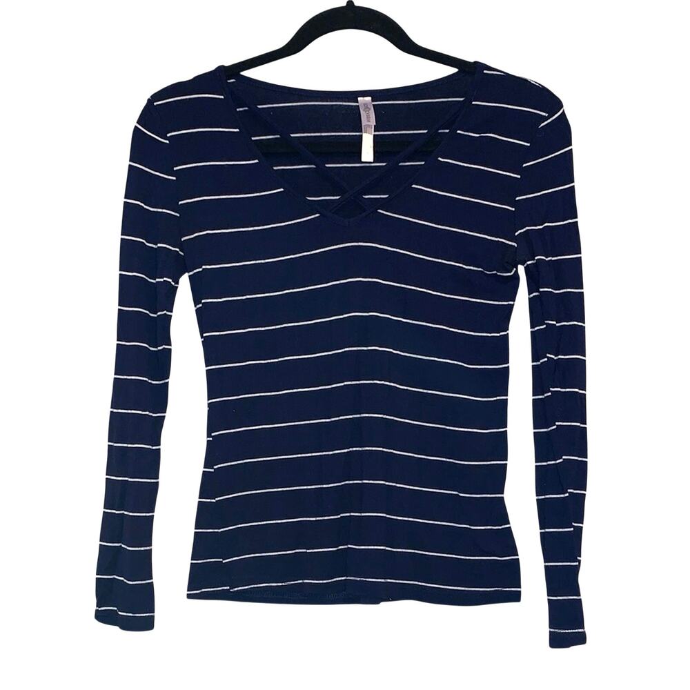Love Charm Striped Long Sleeve Top Small Navy White Criss Cross Neck